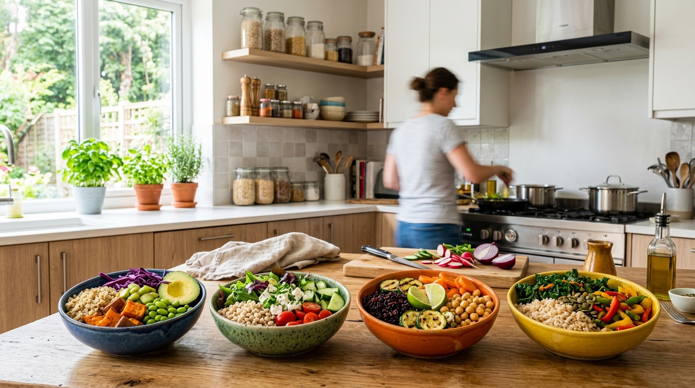 Színes tálak friss zöldségekkel és gabonákkal egy modern konyhában