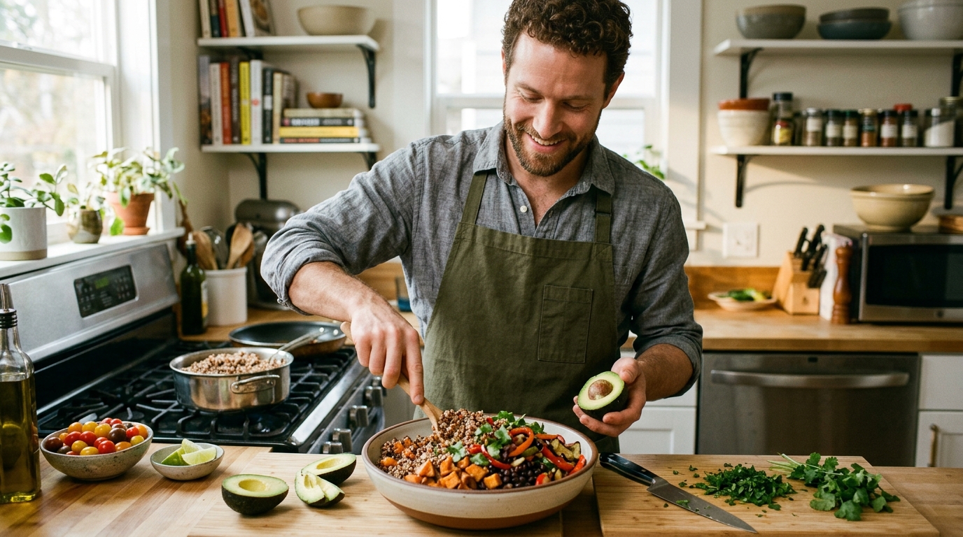 Ízlésesen tálalt quinoa-tál zöldségekkel és avokádóval